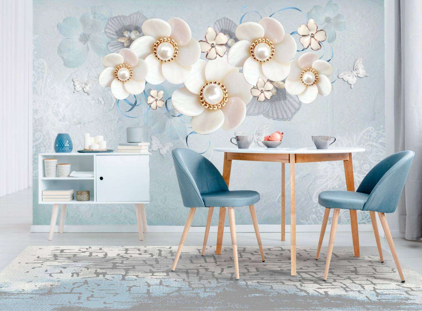 Фотообои в интерьере нежные цветы на голубом фоне  10-616 фото