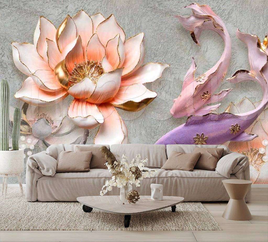 Фотообои в интерьере 3д цветы и рыбы  7-802 фото