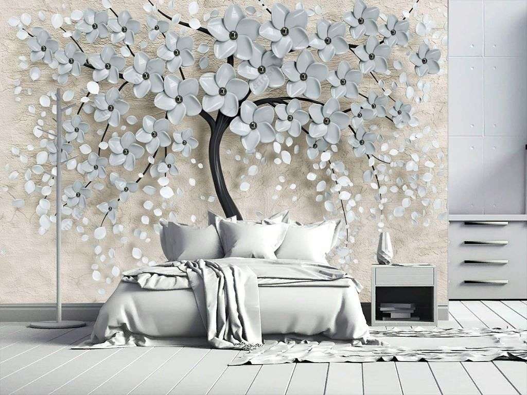 Фотообои в интерьере 3д цветущее белое дерево  10-895 фото