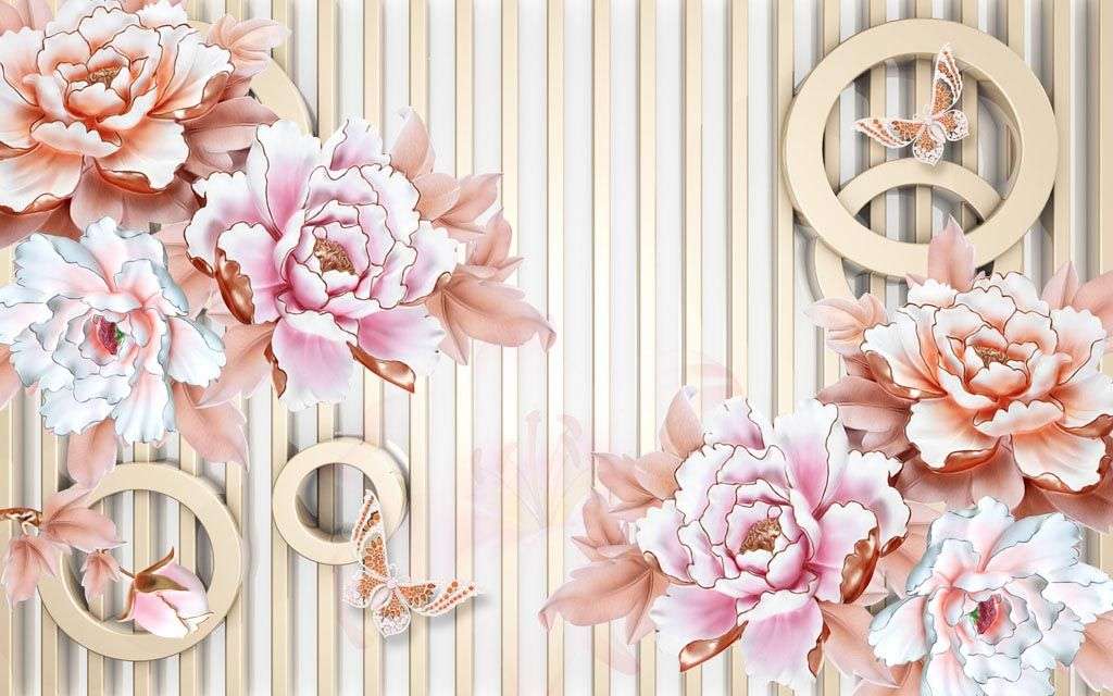 Фотообои в интерьере 3д розы на полосатом фоне  10-670 фото