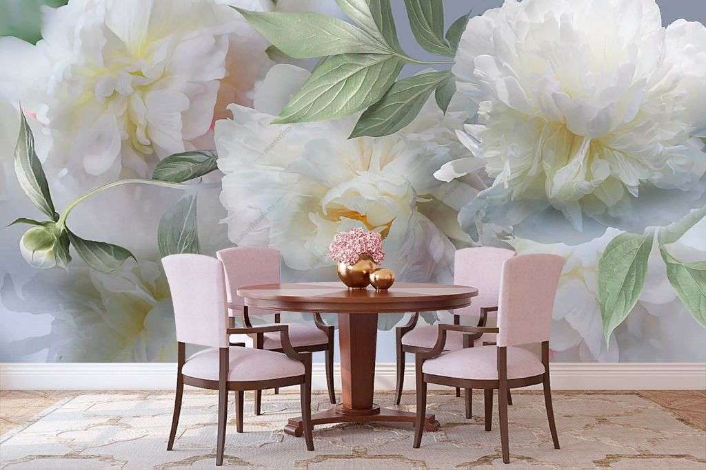 Фотообои в интерьере белые цветущие пионы  13-336 фото