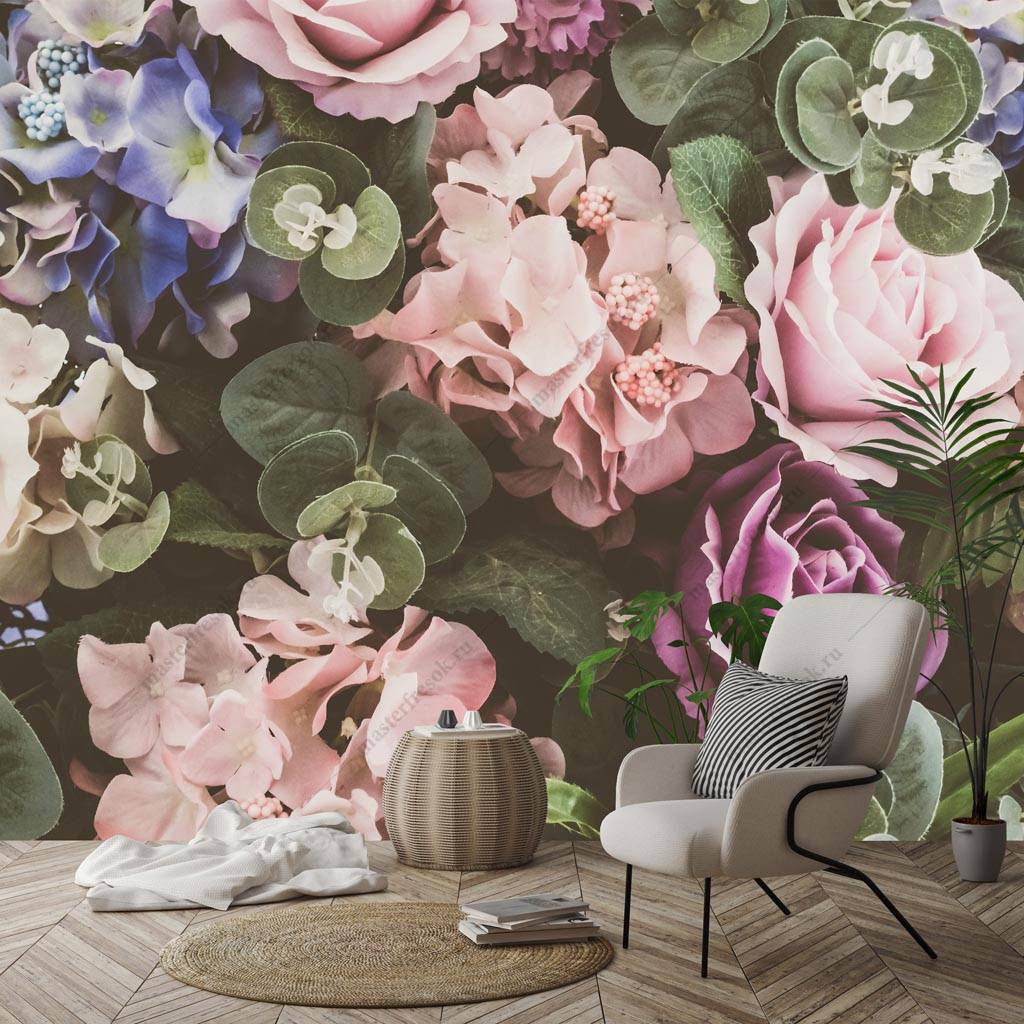 Фотообои Гортензии и розы  9-1226