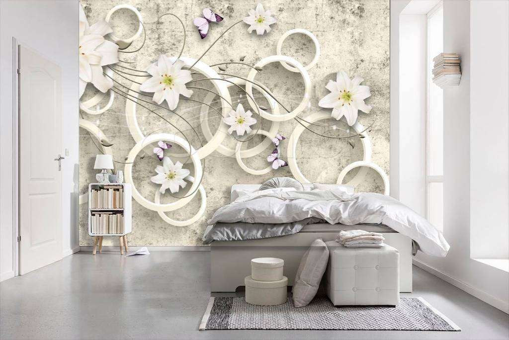 Фотообои 3д белые цветы с кругами на сером фоне  10-480