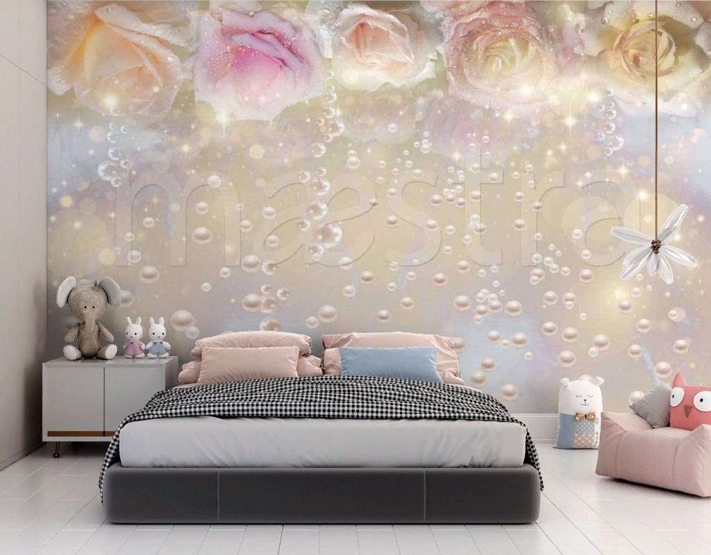 Фотообои в интерьере нежные розы с жемчугом  7-442 фото