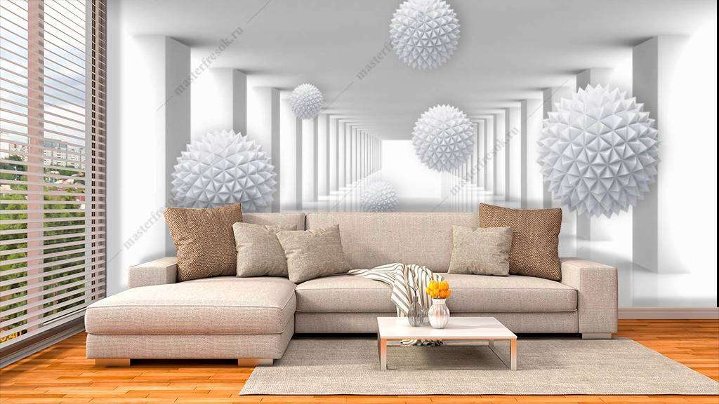 Фотообои в интерьере 3д объемные шары в тоннеле  10-787 фото