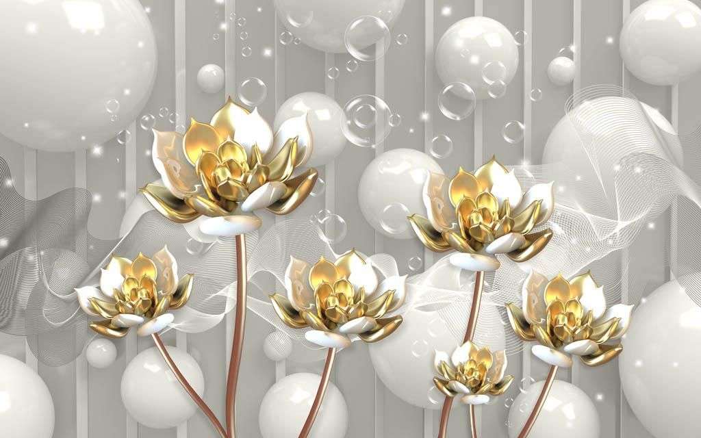 Фотообои в интерьере 3д золотые цветы на стену  10-915 фото