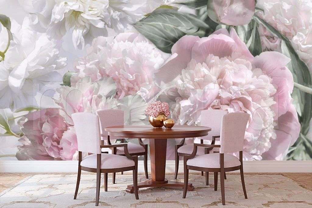 Фотообои в интерьере букет светлых пионов  7-928 фото