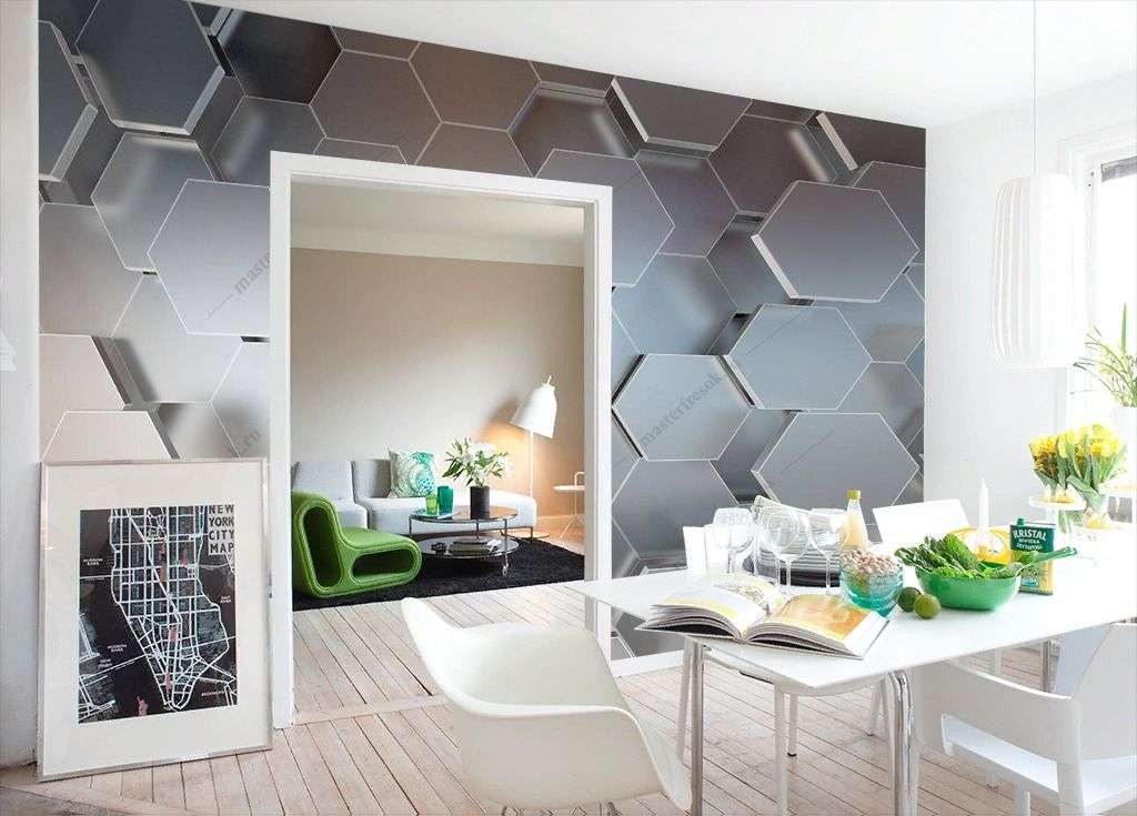 Фотообои в интерьере 3д шестиугольники  10-881 фото