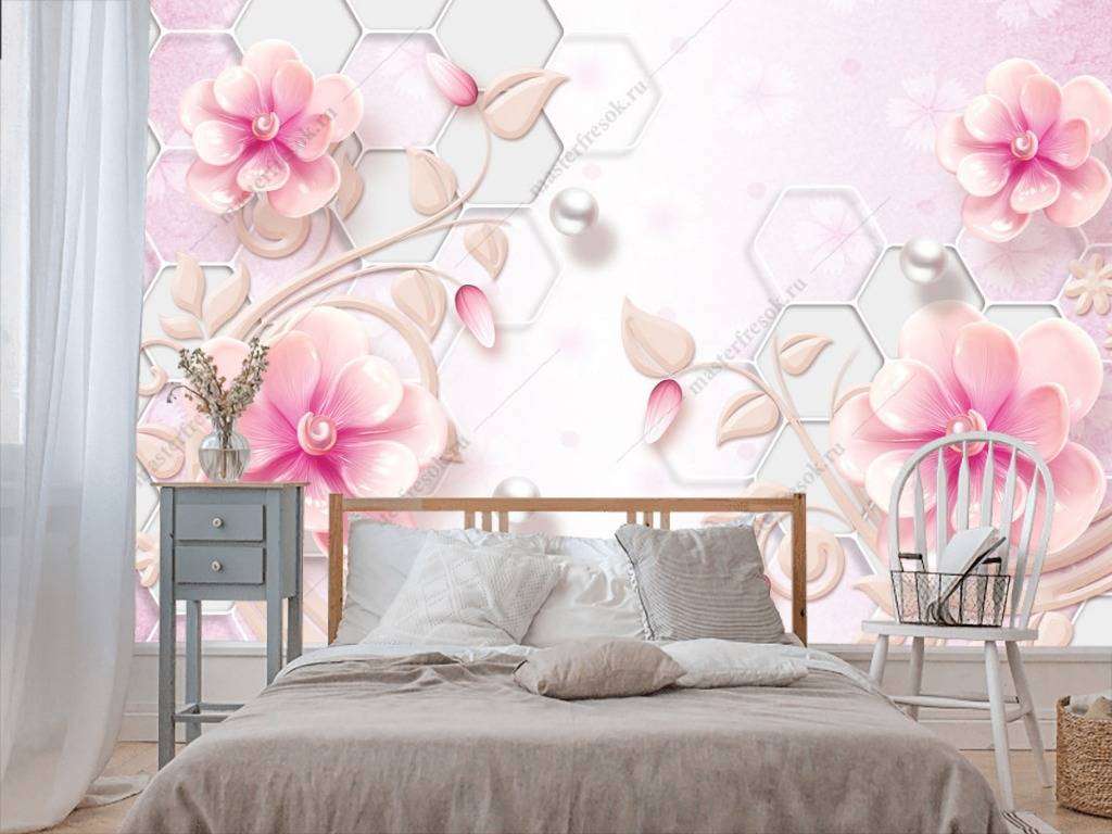 Фотообои в интерьере 3д розовые цветы  10-668 фото