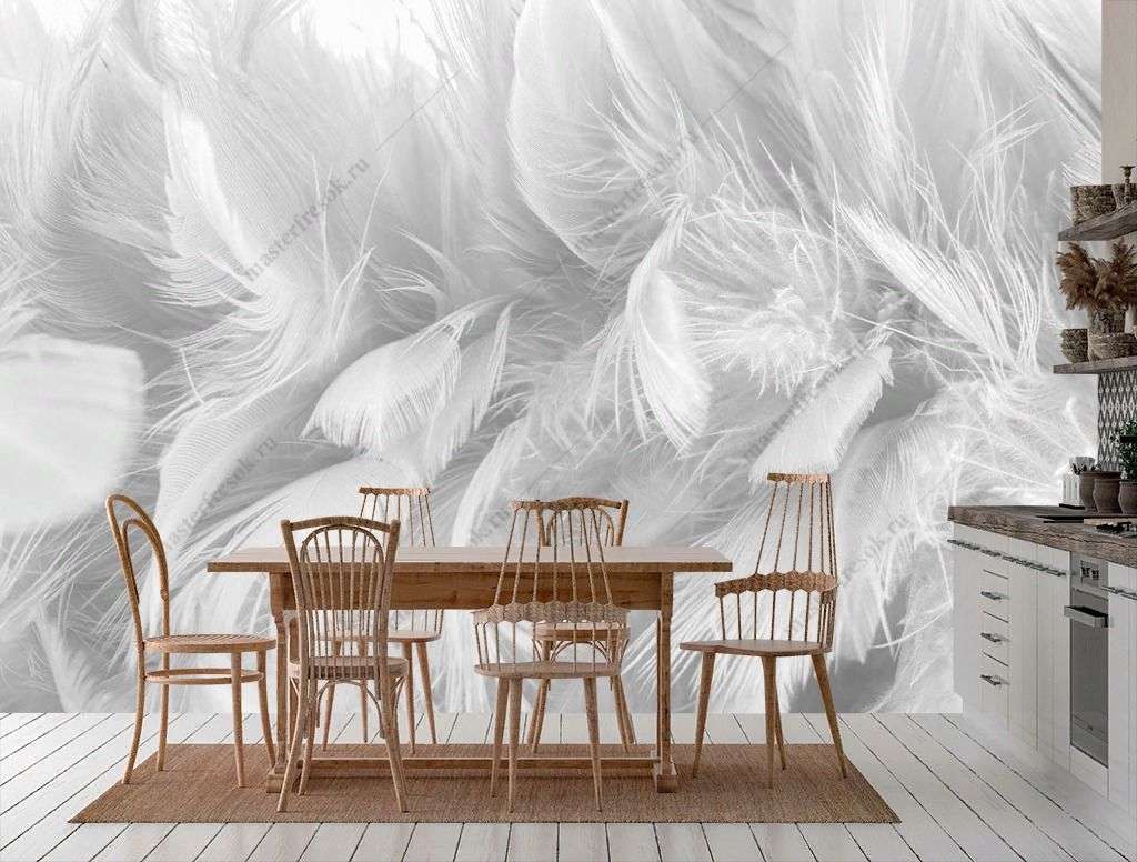 Фотообои в интерьере 3д белые перья  10-896 фото