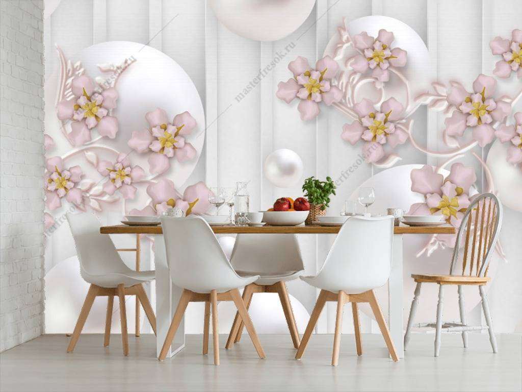 Фотообои в интерьере 3д шары и цветы  10-634 фото