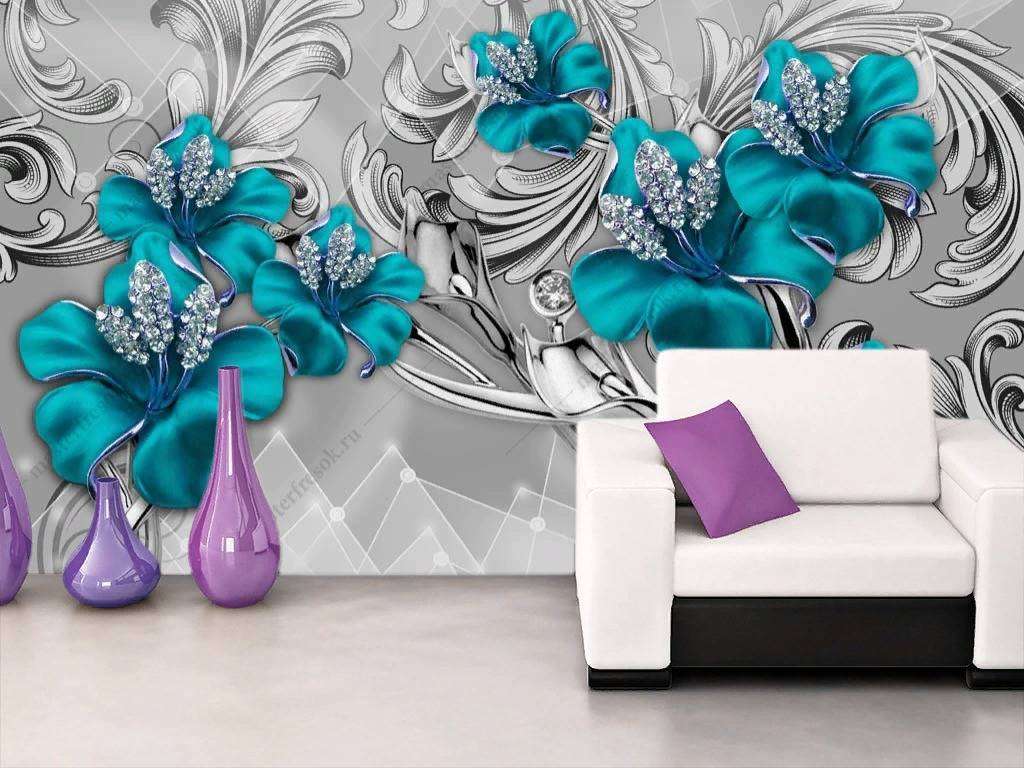 Фотообои в интерьере 3д драгоценные цветы  10-854 фото