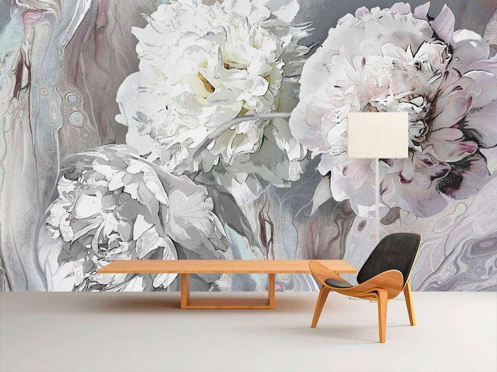 Фотообои в интерьере пионы 3д серые  13-230 фото