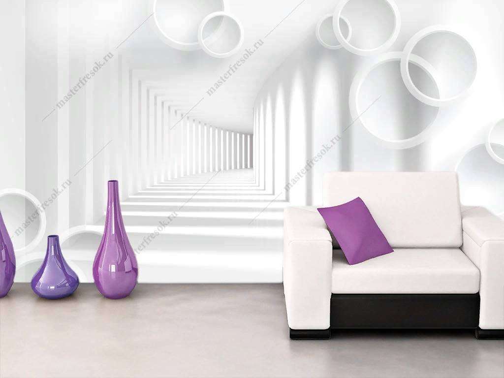 Фотообои в интерьере 3д белый тоннель с кругами  10-839 фото