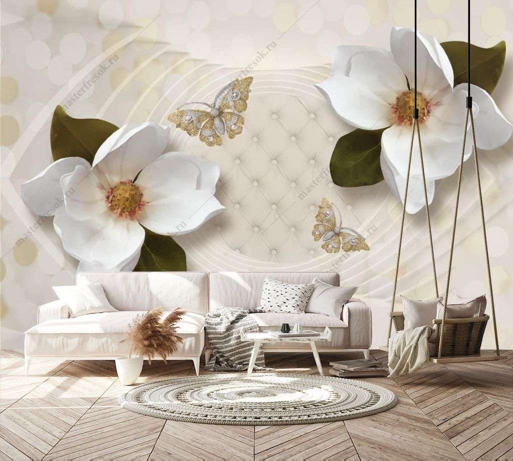 Фотообои в интерьере 3д большие белые цветы  10-923 фото