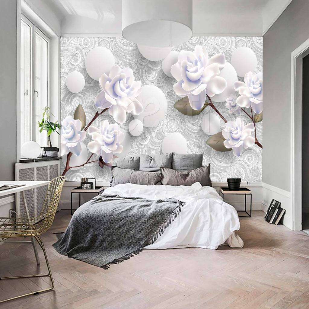 Фотообои 3д белые розы с серыми шарами  10-508