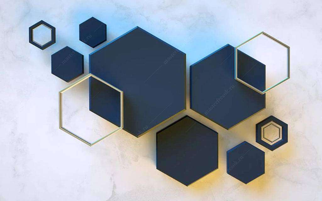 Фотообои в интерьере синие шестигранники  15-589 фото