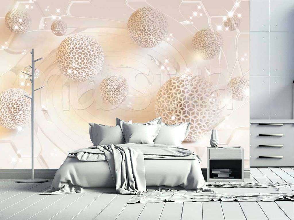 Фотообои в интерьере 3д шары в серебряном цвете с блеском  10-457 фото