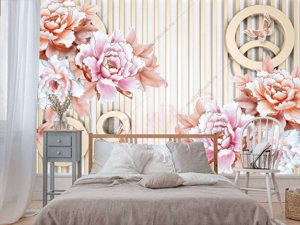 Фотообои в интерьере 3д розы на полосатом фоне  10-670 фото