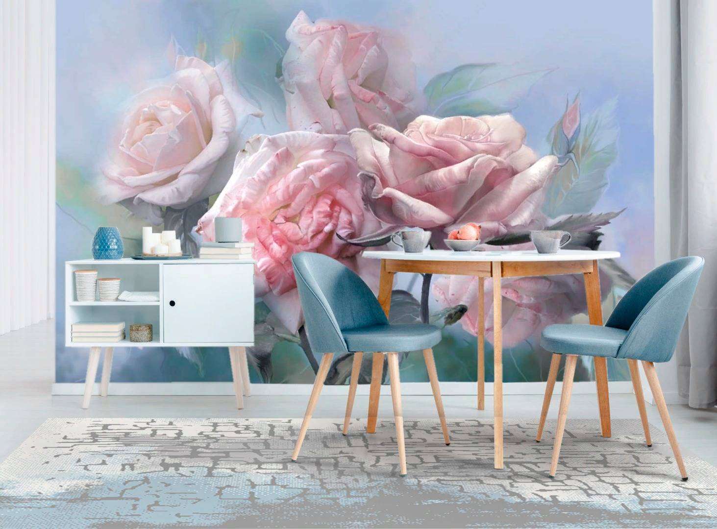 Фотообои в интерьере розы на голубом фоне  13-265 фото