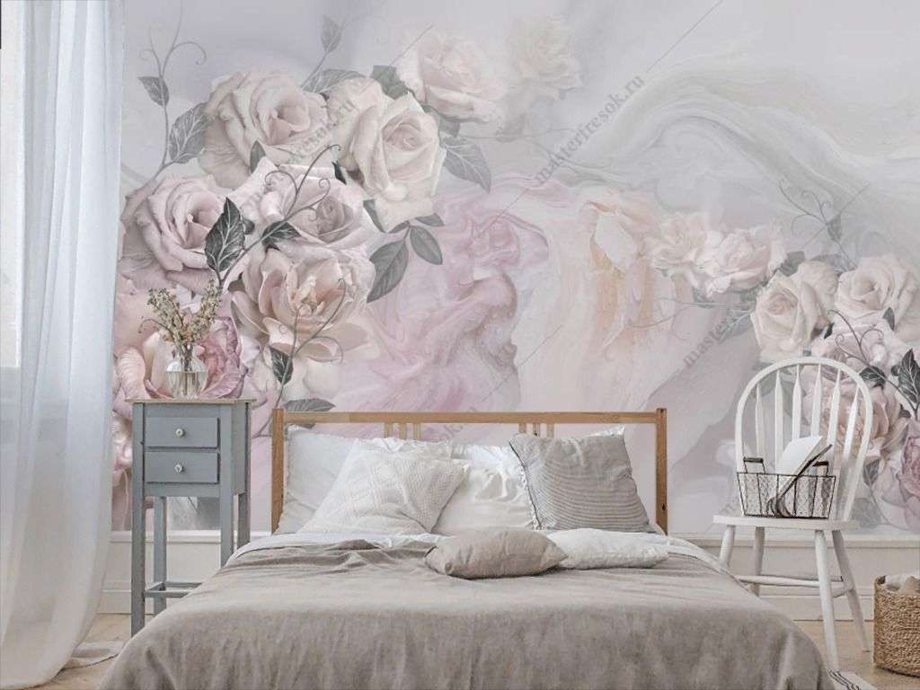 Фотообои в интерьере пастельные розы  13-371 фото