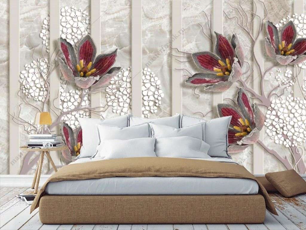 Фотообои в интерьере 3д лепестки на белом фоне  10-905 фото