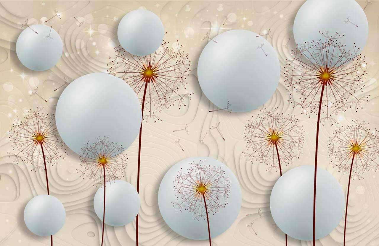 Фотообои в интерьере стереоскопические одуванчики с объемными шарами  7-476 фото