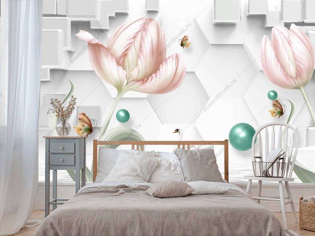 Фотообои в интерьере 3д тюльпаны  10-845 фото