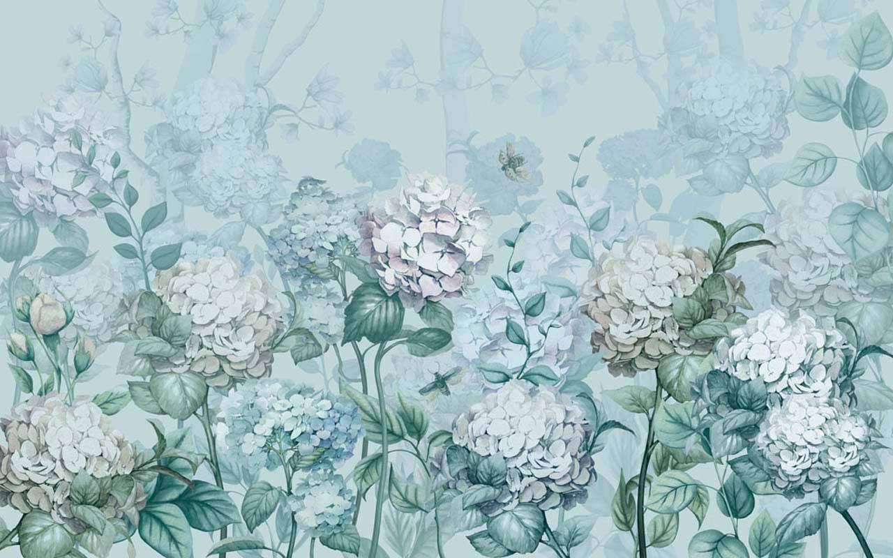 Фотообои в интерьере мятные гортензии  13-113 фото