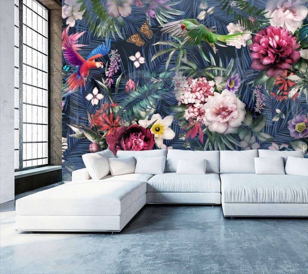 Фотообои Цветущий сад с попугаями  7-549