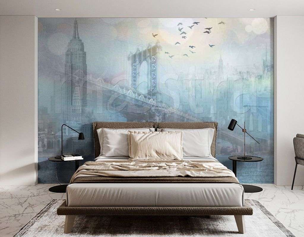 Фотообои в интерьере город и мосты в тумане  7-401 фото