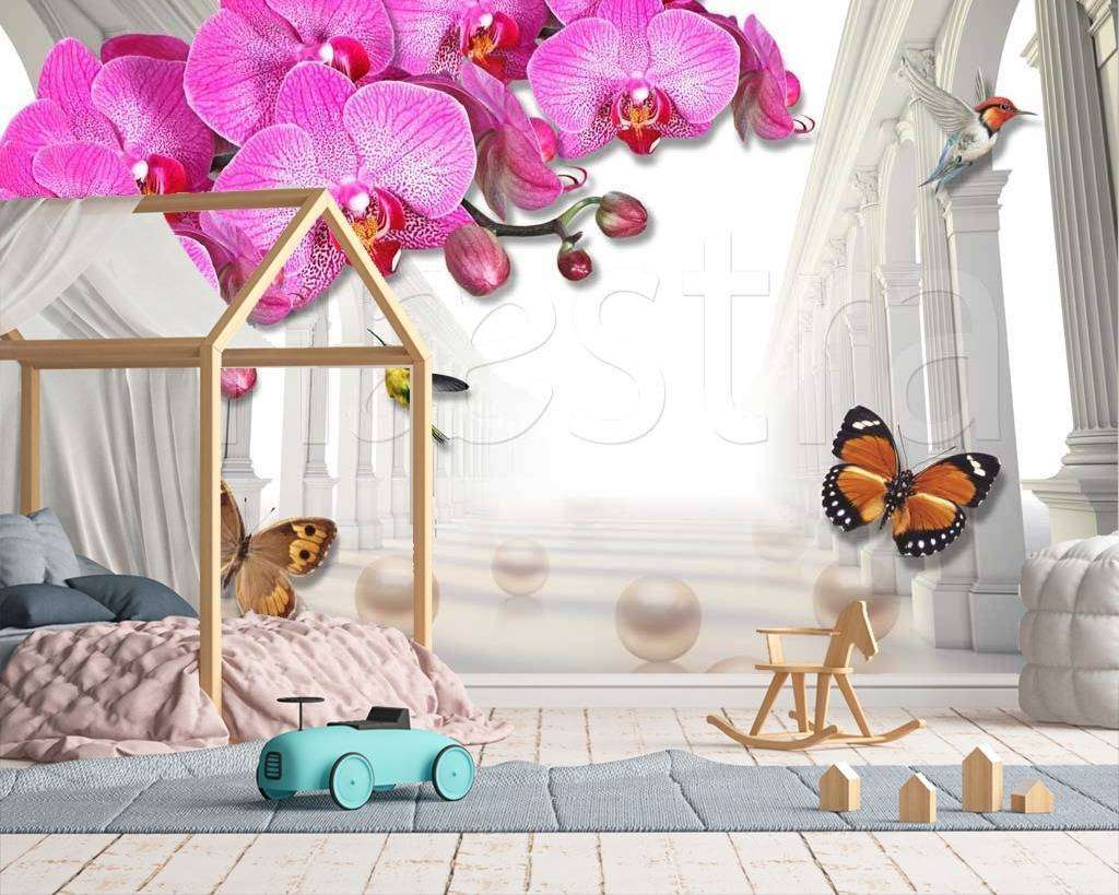 Фотообои в интерьере стереоскопическая розовая орхидея с перспективой  7-486 фото