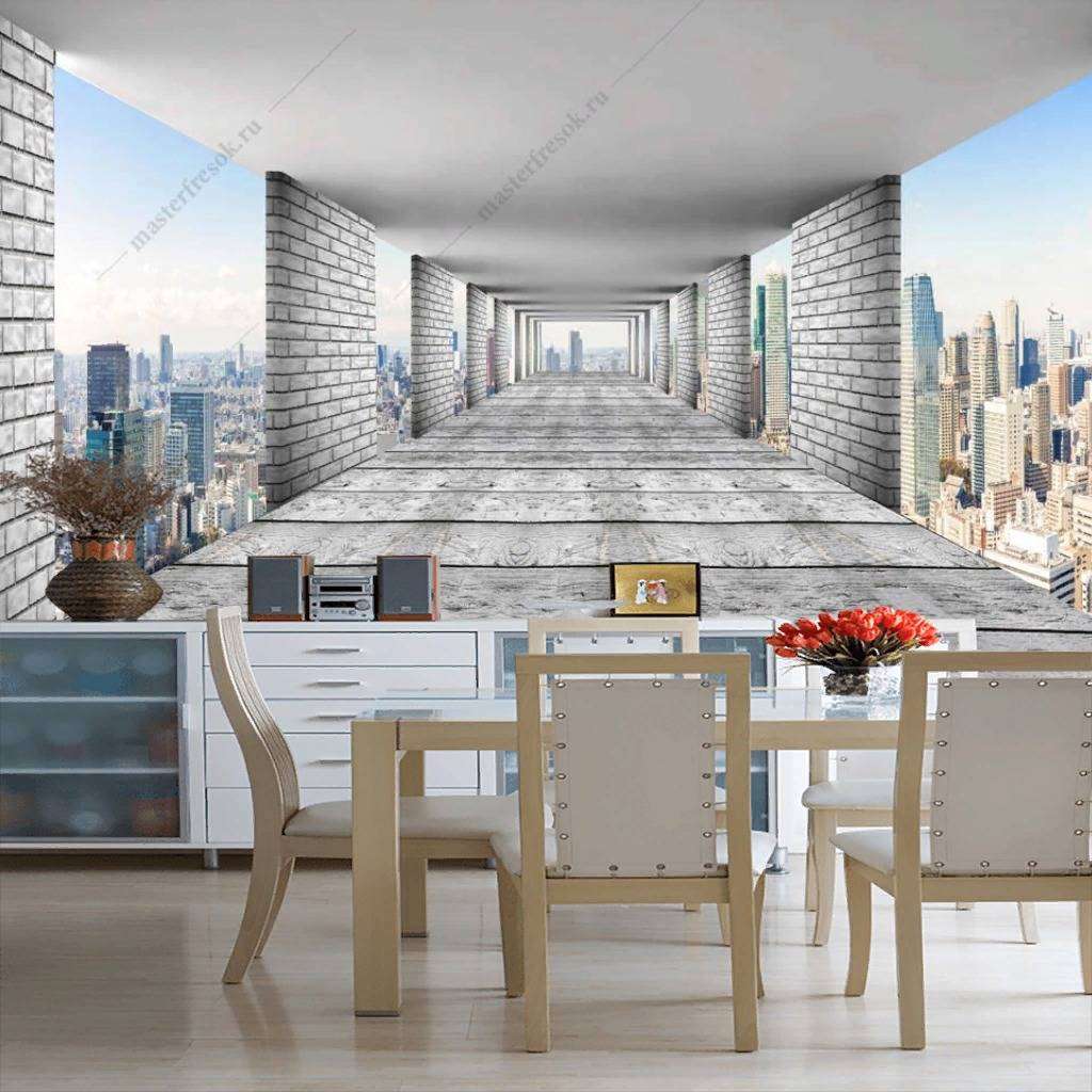 Фотообои в интерьере 3д тоннель расширяющий пространство  10-838 фото