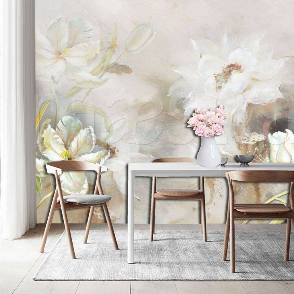 Фотообои в интерьере цветы на нежном светлом фоне  10-520 фото