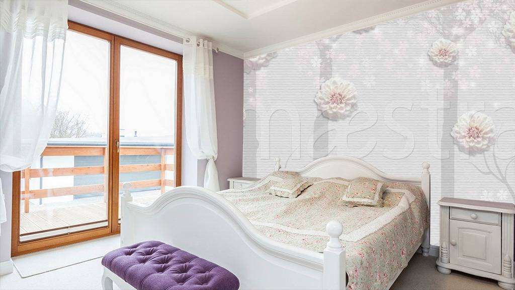 Фотообои в интерьере стереоскопические деревья с нежными цветами  7-488 фото