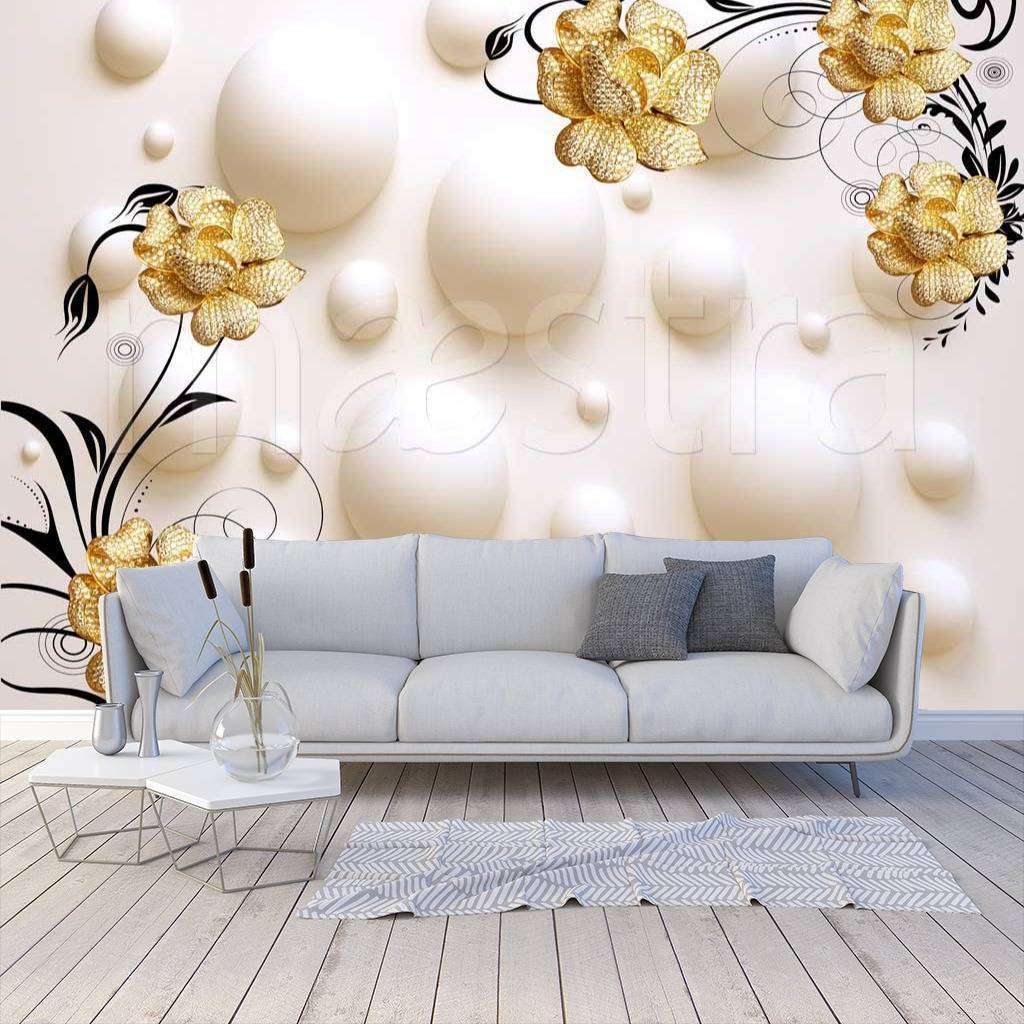 Фотообои золотые цветы и объемные шары  10-392