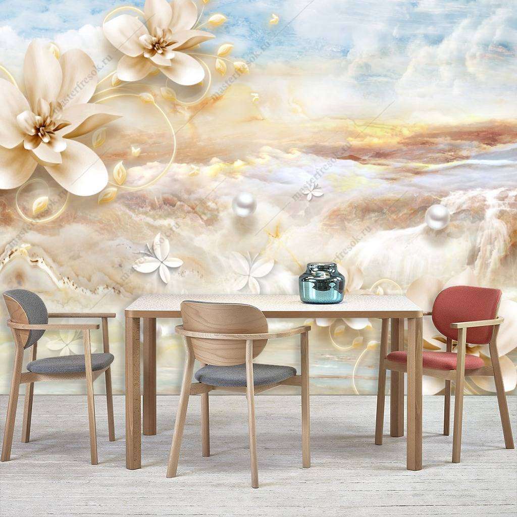 Фотообои в интерьере цветы на фоне гор  10-689 фото