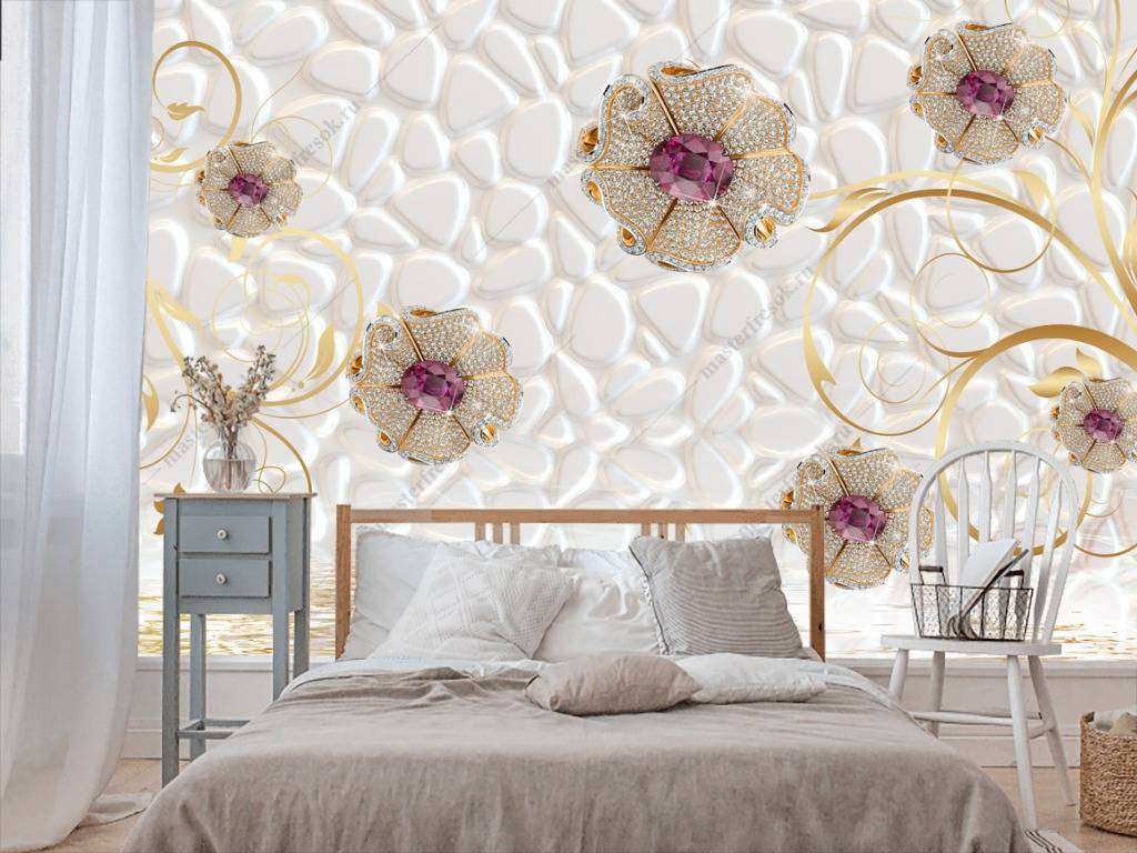 Фотообои в интерьере 3д цветы на белом  10-636 фото