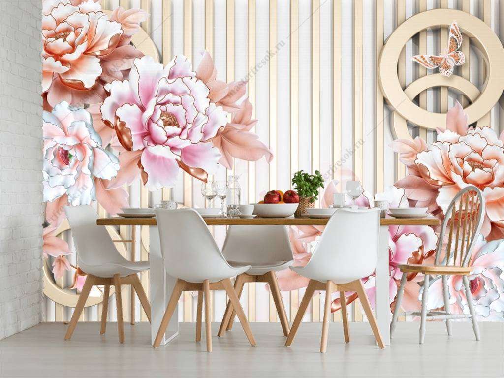 Фотообои в интерьере 3д розы на полосатом фоне  10-670 фото