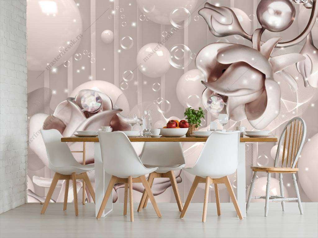 Фотообои в интерьере 3д платиновые цветы  10-652 фото