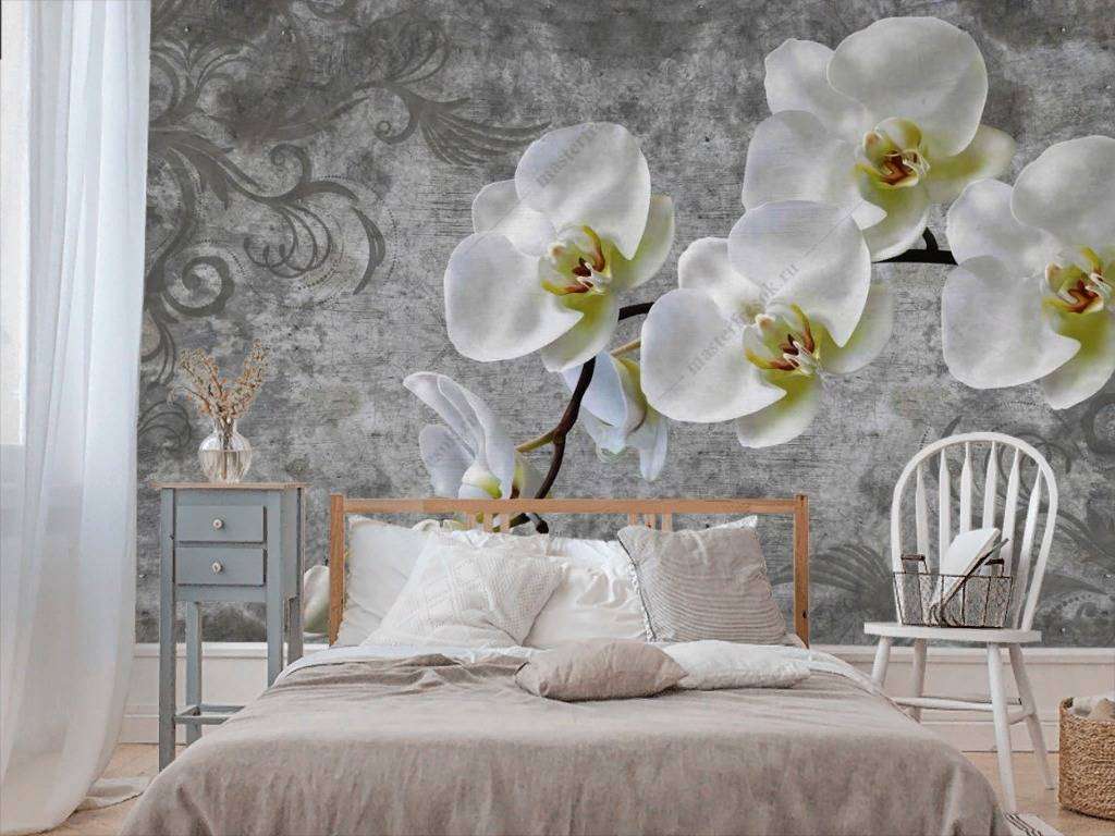 Фотообои в интерьере 3д ветка белой орхидеи  10-833 фото