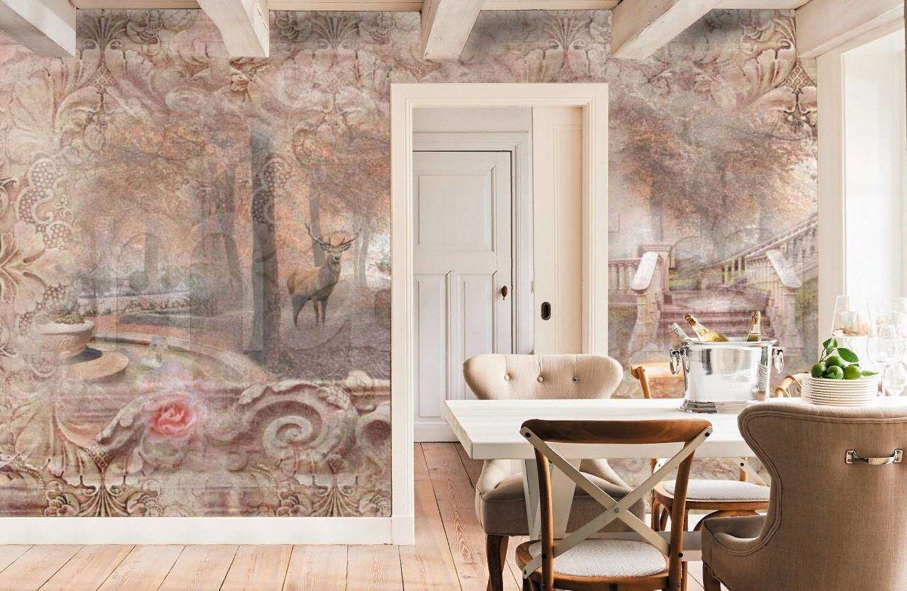 Фотообои в интерьере утренний лес сад в розовых тонах  7-322 фото