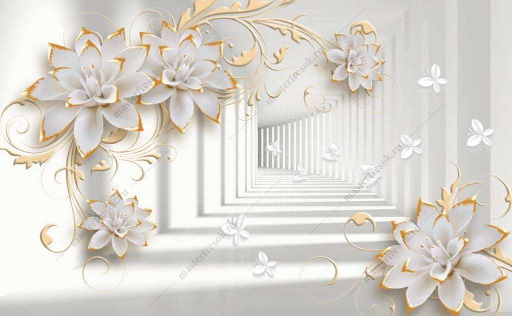 Фотообои в интерьере тоннель 3д и цветы  16-195 фото