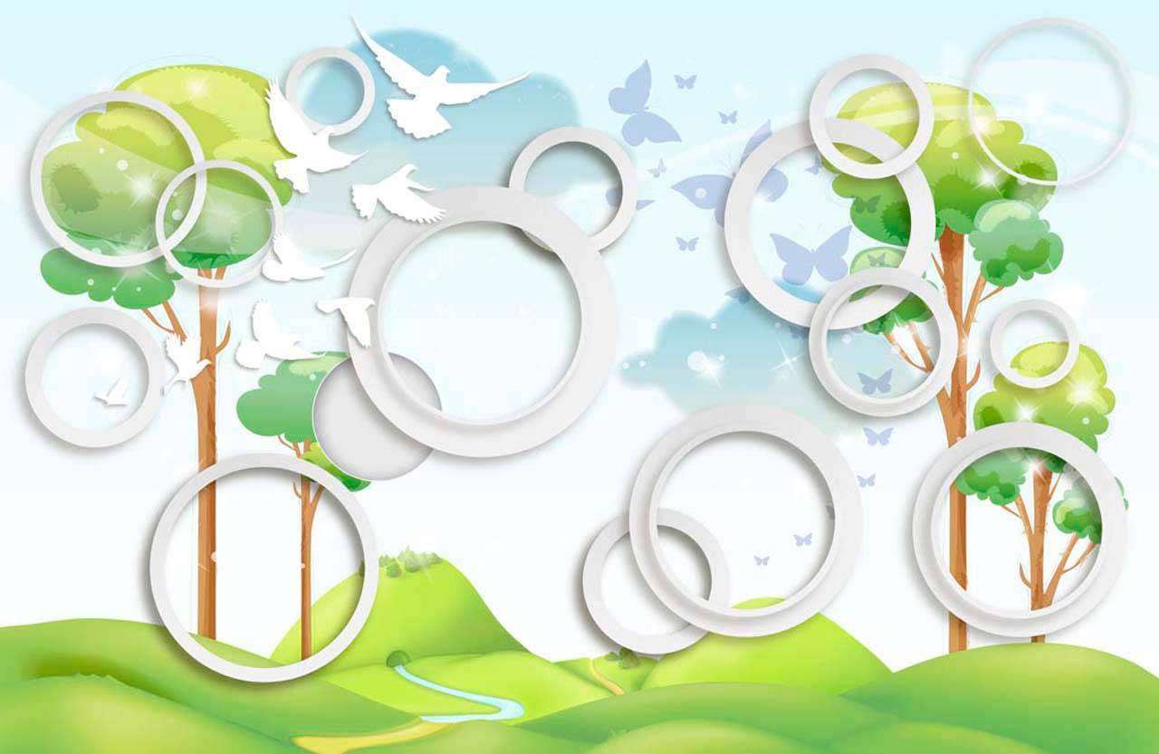 Фотообои в интерьере стереоскопический лес с объемными кругами  7-474 фото