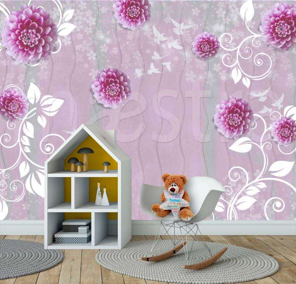 Фотообои в интерьере стереоскопические розовые цветы на фоне 3д  7-467 фото