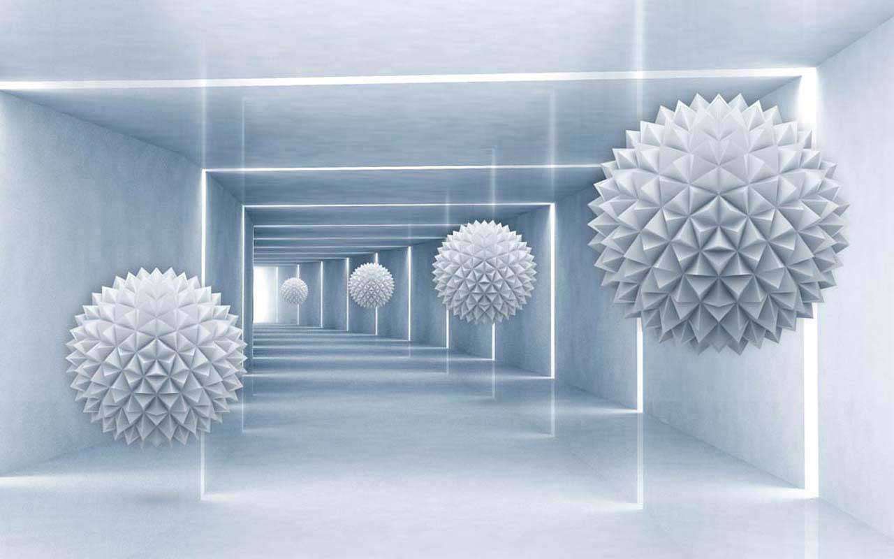 Фотообои в интерьере 3д шары летящие в синюю воронку  10-527 фото