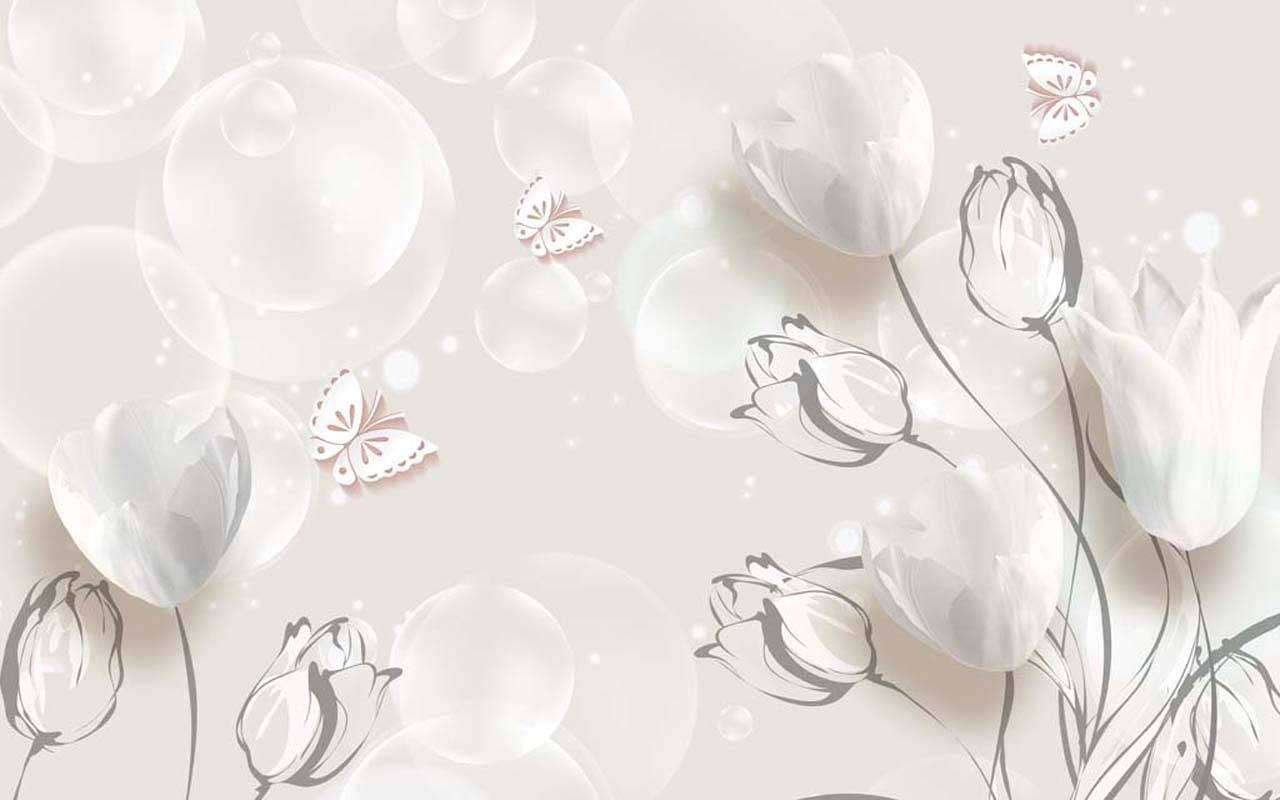 Фотообои в интерьере 3д белые тюльпаны с графической обработкой  10-503 фото