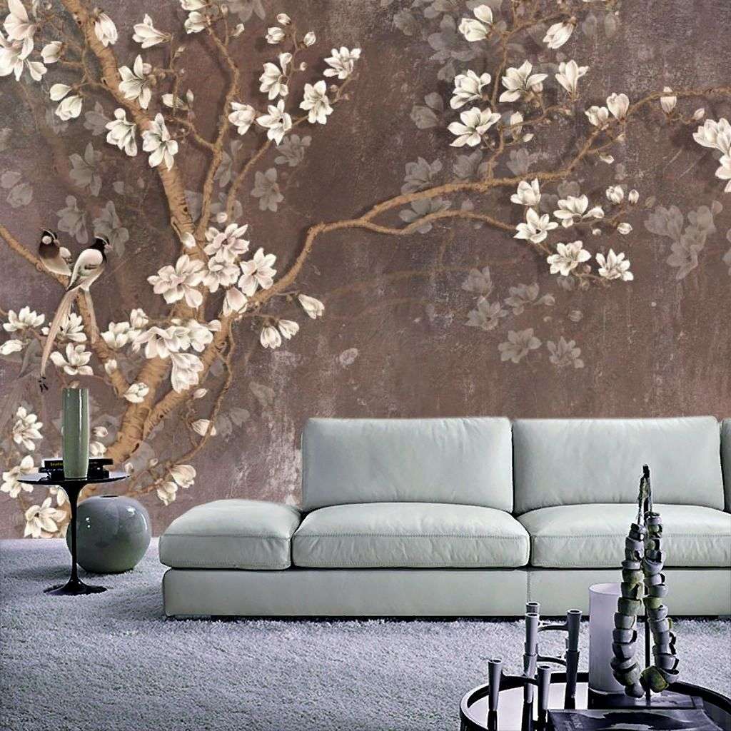 Фотообои в интерьере 3д белая сакура  10-914 фото