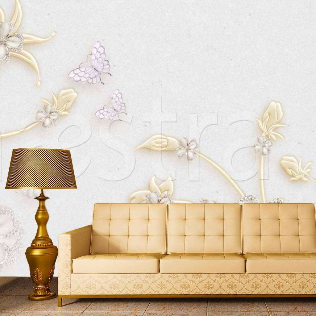 Фотообои 3д белые цветы с золотым узором на белом фоне  10-497