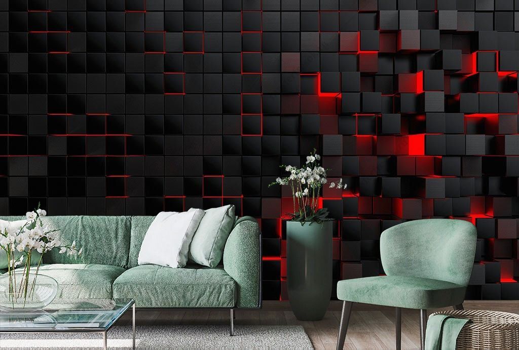 Фотообои 3д стена черные квадраты на красном  10-884